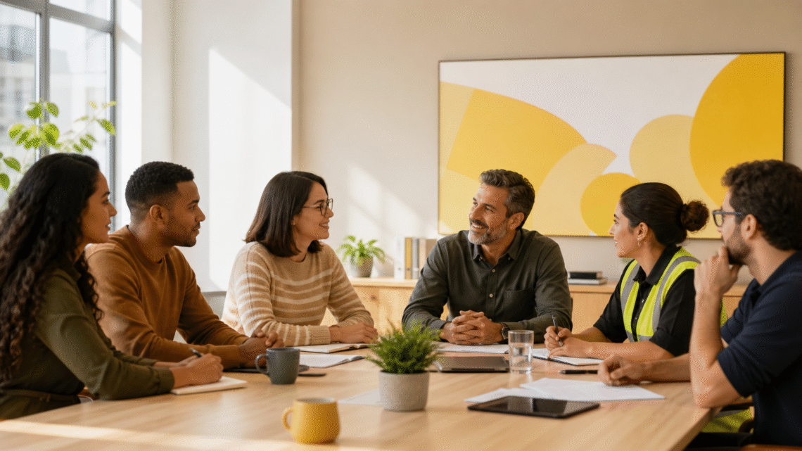 Equipe em reunião de planejamento para prevenção de riscos psicossociais no trabalho