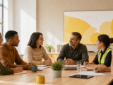 Equipe em reunião de planejamento para prevenção de riscos psicossociais no trabalho