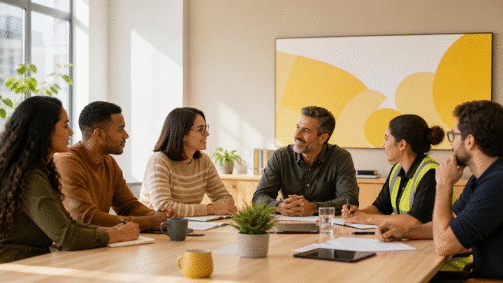 Equipe em reunião de planejamento para prevenção de riscos psicossociais no trabalho