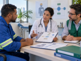 Trabalhador recebe orientação sobre CAT e nexo ocupacional
