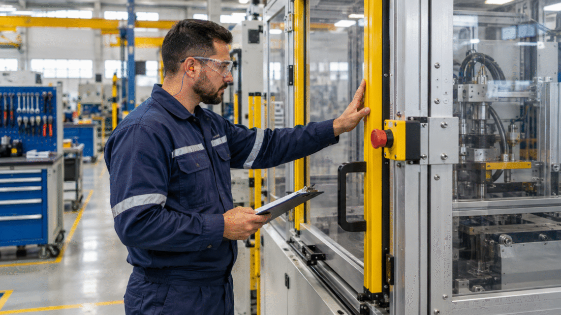 Operador inspeciona proteção e botão de parada de emergência de máquina industrial conforme checklist diário NR-12.