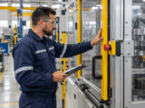 Operador inspeciona proteção e botão de parada de emergência de máquina industrial conforme checklist diário NR-12.