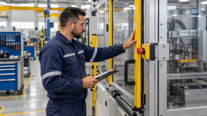 Operador inspeciona proteção e botão de parada de emergência de máquina industrial conforme checklist diário NR-12.