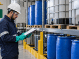 Trabalhador com EPI consulta ficha de dados de segurança em área de armazenamento de produtos químicos.