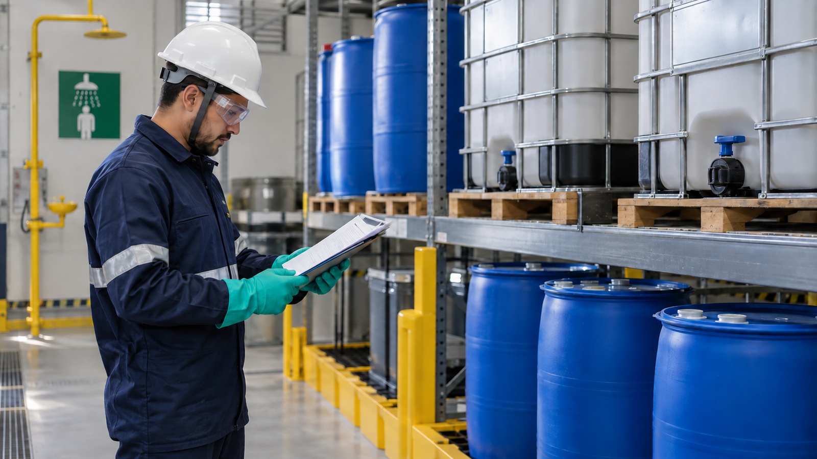Trabalhador com EPI consulta ficha de dados de segurança em área de armazenamento de produtos químicos.
