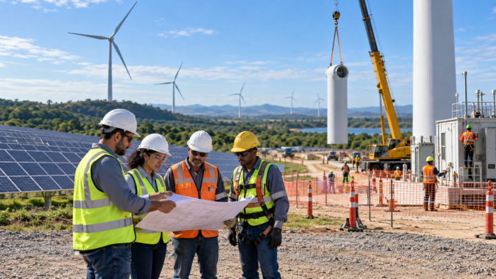 Equipe de segurança planeja atividades em parque híbrido de energia solar e eólica