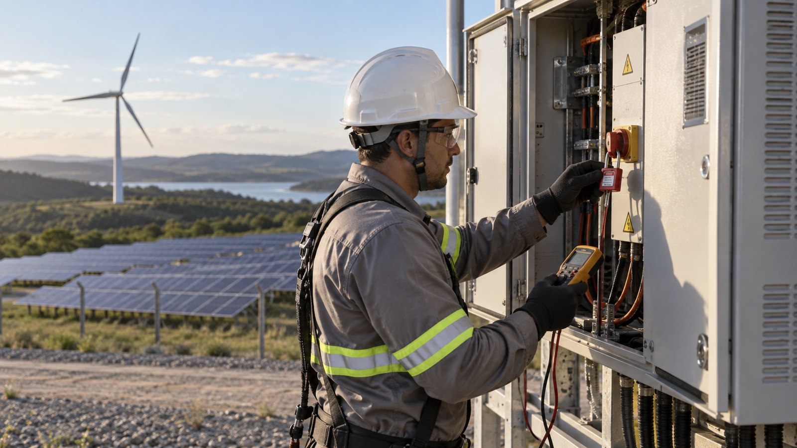 Equipe de segurança planeja atividades em parque híbrido de energia solar e eólica