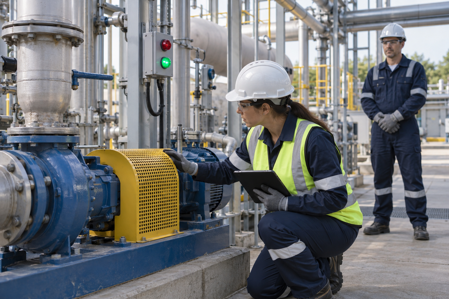 Profissional verifica barreira física em equipamento industrial