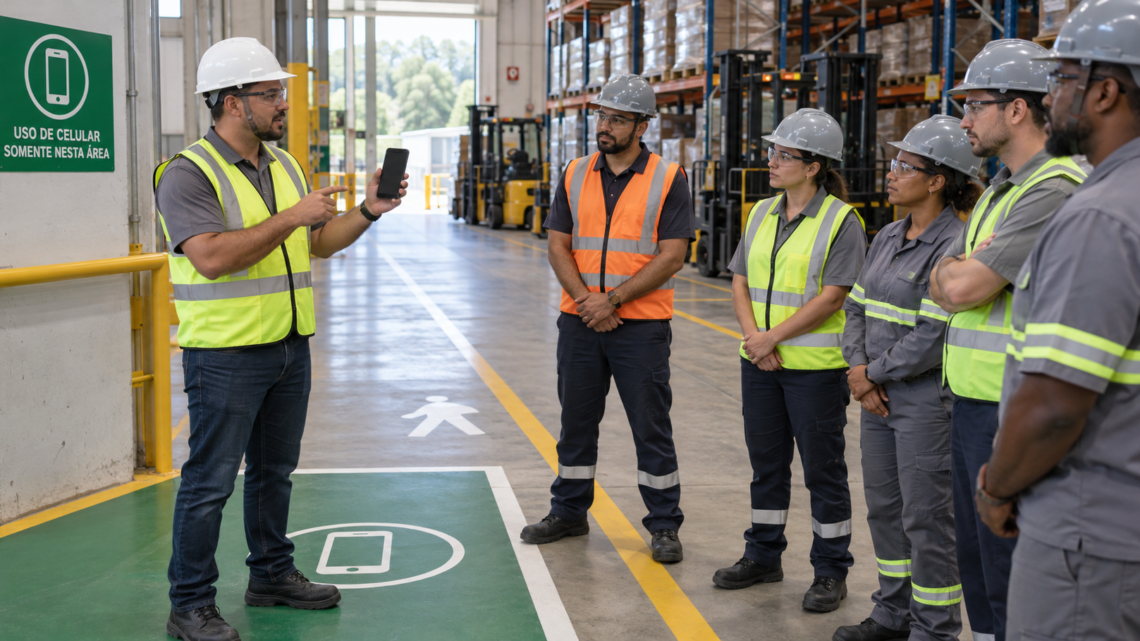 Equipe participa de DDS sobre uso seguro do celular em armazém