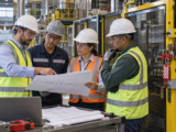 Equipe revisa mudança em equipamento industrial antes da partida