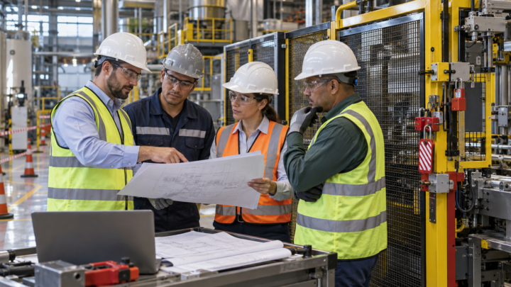 Equipe revisa mudança em equipamento industrial antes da partida