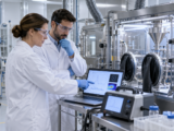 Profissional avalia risco ocupacional com nanomateriais em laboratório