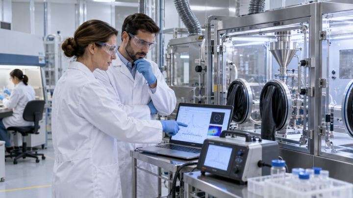 Profissional avalia risco ocupacional com nanomateriais em laboratório