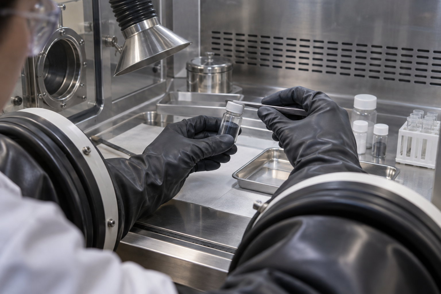 Profissional avalia processo fechado para controlar o risco ocupacional com nanomateriais