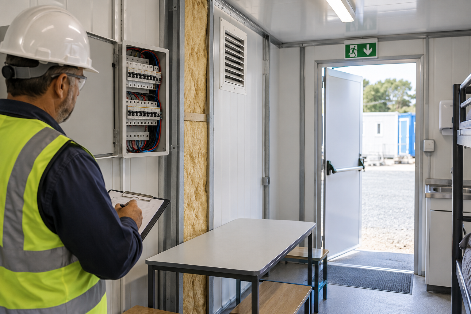 Profissional de segurança inspeciona banheiro móvel e módulo adaptado conforme a NR-24