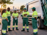 Equipe de limpeza urbana realiza briefing ao lado do caminhão de coleta
