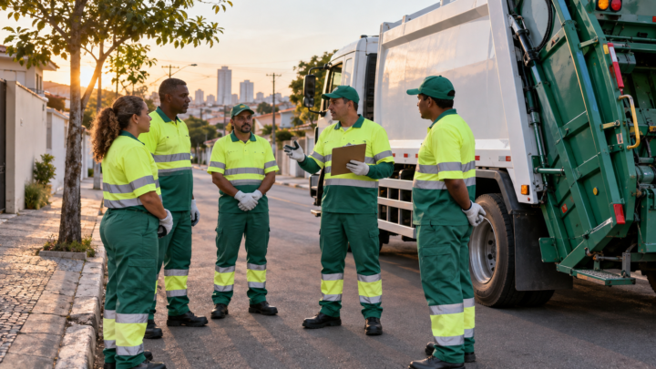 Equipe de limpeza urbana realiza briefing ao lado do caminhão de coleta