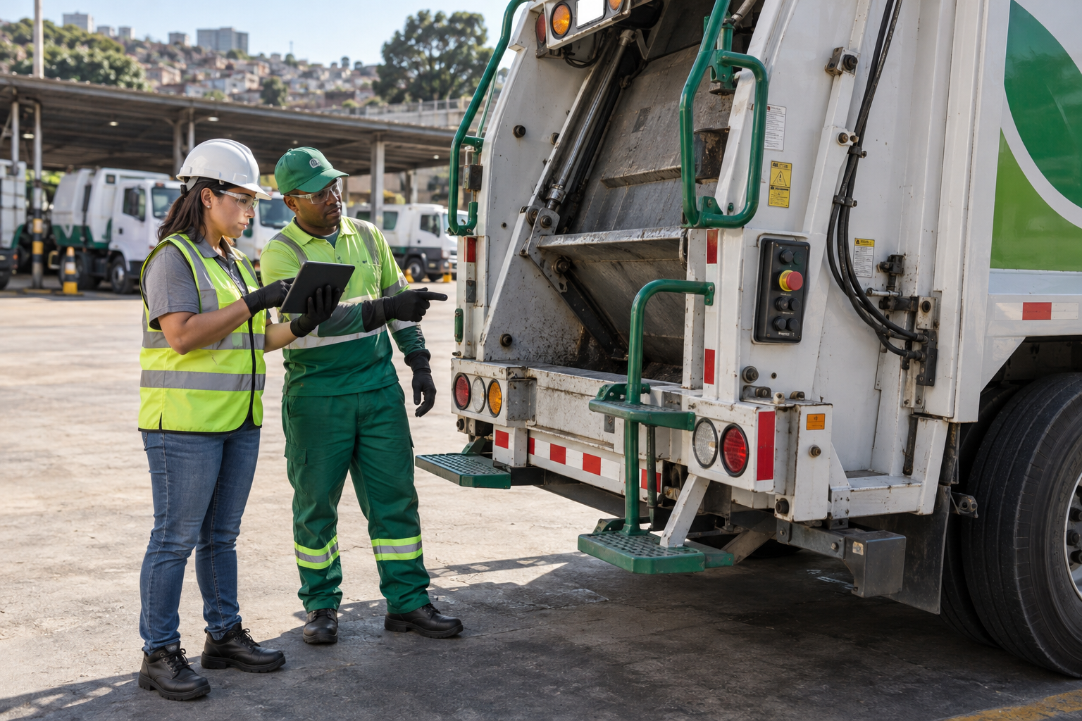 Profissionais inspecionam caminhão de coleta de resíduos conforme a NR-38
