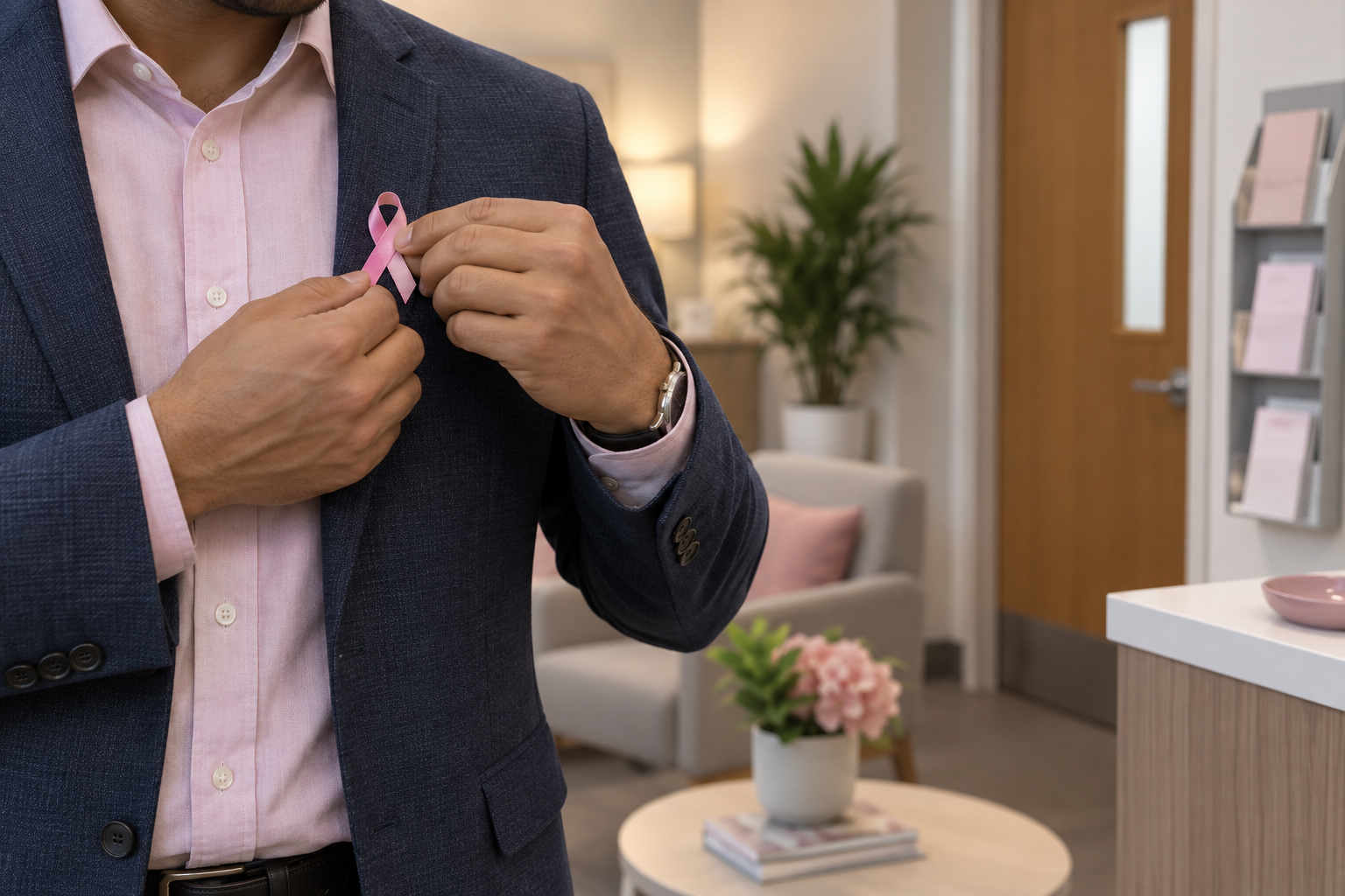 Homem participa de ação inclusiva de Outubro Rosa no trabalho