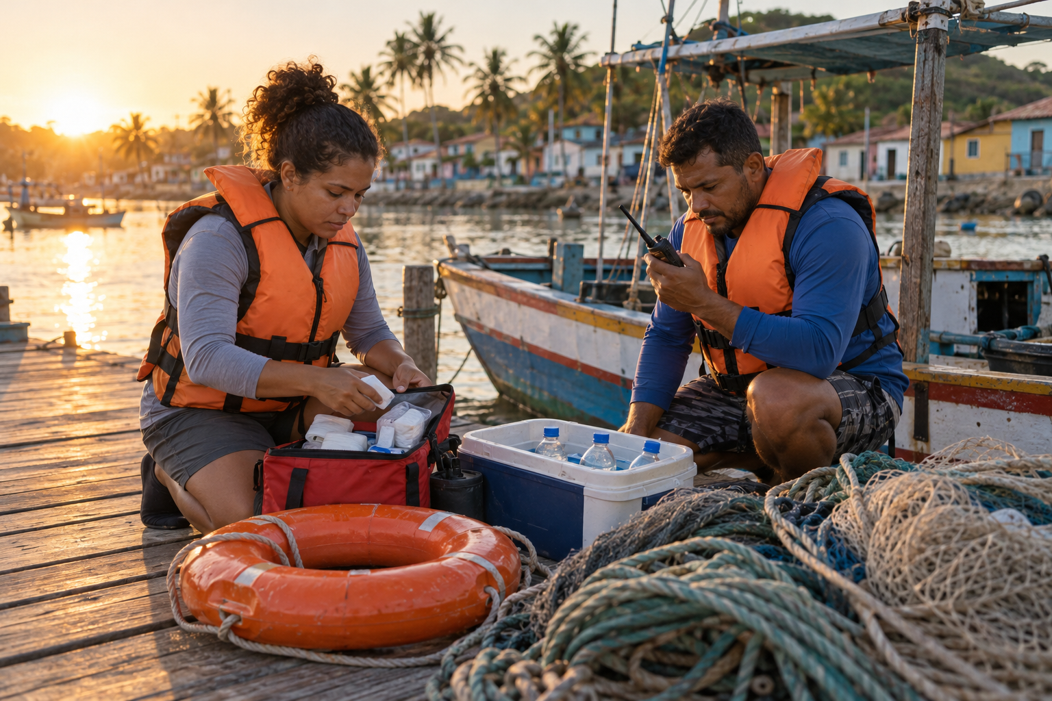Pescadores artesanais conferem rádio, primeiros socorros e água antes da saída