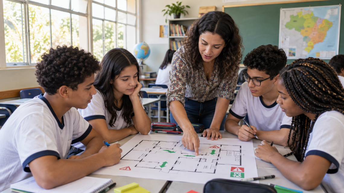 Professora orienta atividade de segurança e saúde com estudantes