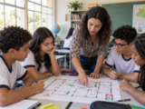 Professora orienta atividade de segurança e saúde com estudantes