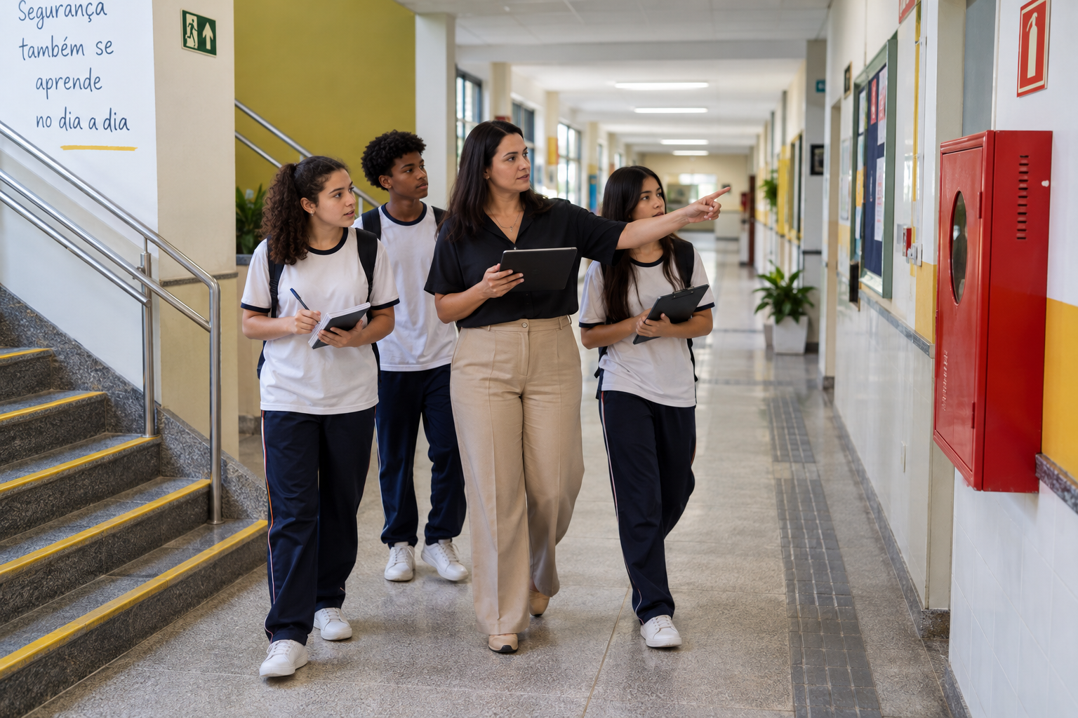 Estudantes e professora realizam caminhada de segurança no corredor da escola